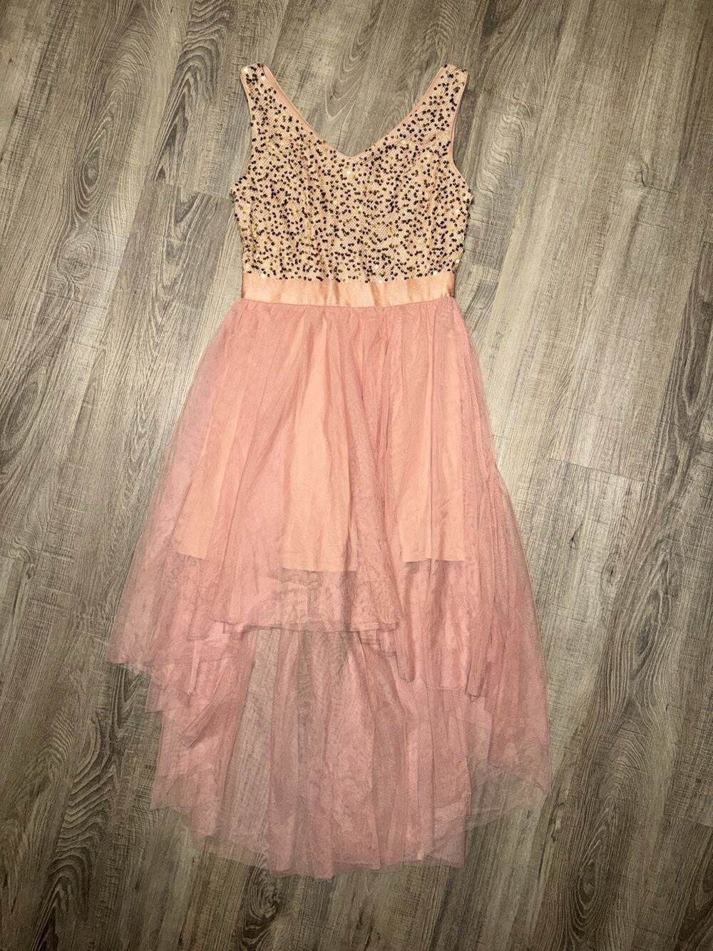 DressyStar Women’s Blush Pink Sequin High Low Tulle Formal Dress NWT S